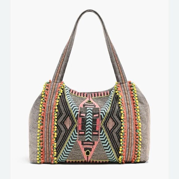 America & Beyond Handbags - America & Beyond GARGOYLE EMBELLISHED GRAY HAND BEADED TOTE